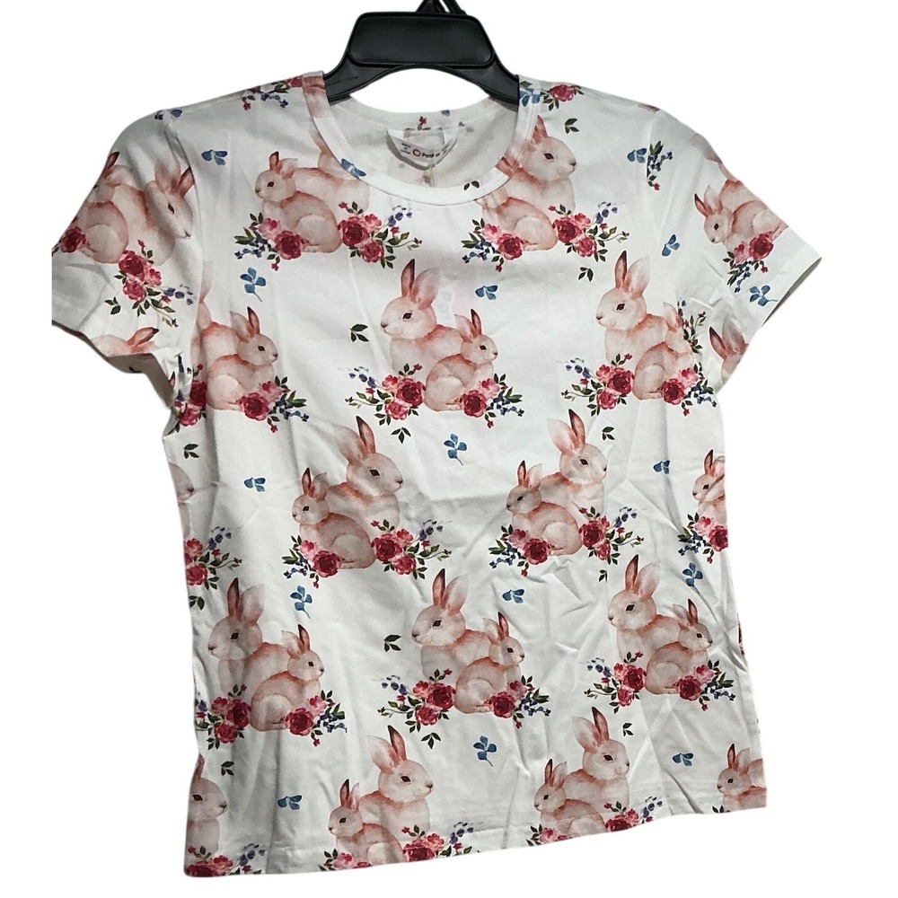 PatPat Women White Bunny Floral Print T-Shirt Short Sleeve Crew Neck Medium